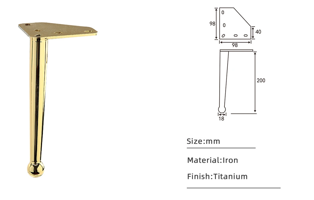 Circular Cone Titanium 200mm I Type Gold Sofa Bed Chair Cabinet Iron Leg for Furniture Fittings